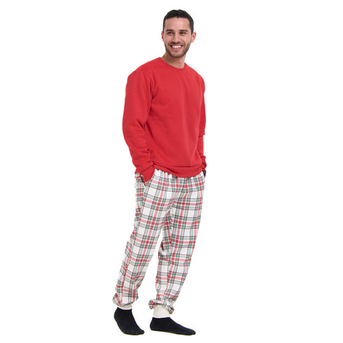 Men Winter Pajama Set Red Sweatshirt + Red x Green Checkered Pants